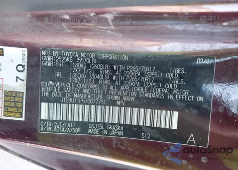 2007 Toyota Fj Cruiser from USA, damaged, VIN JTEBU11F570077751